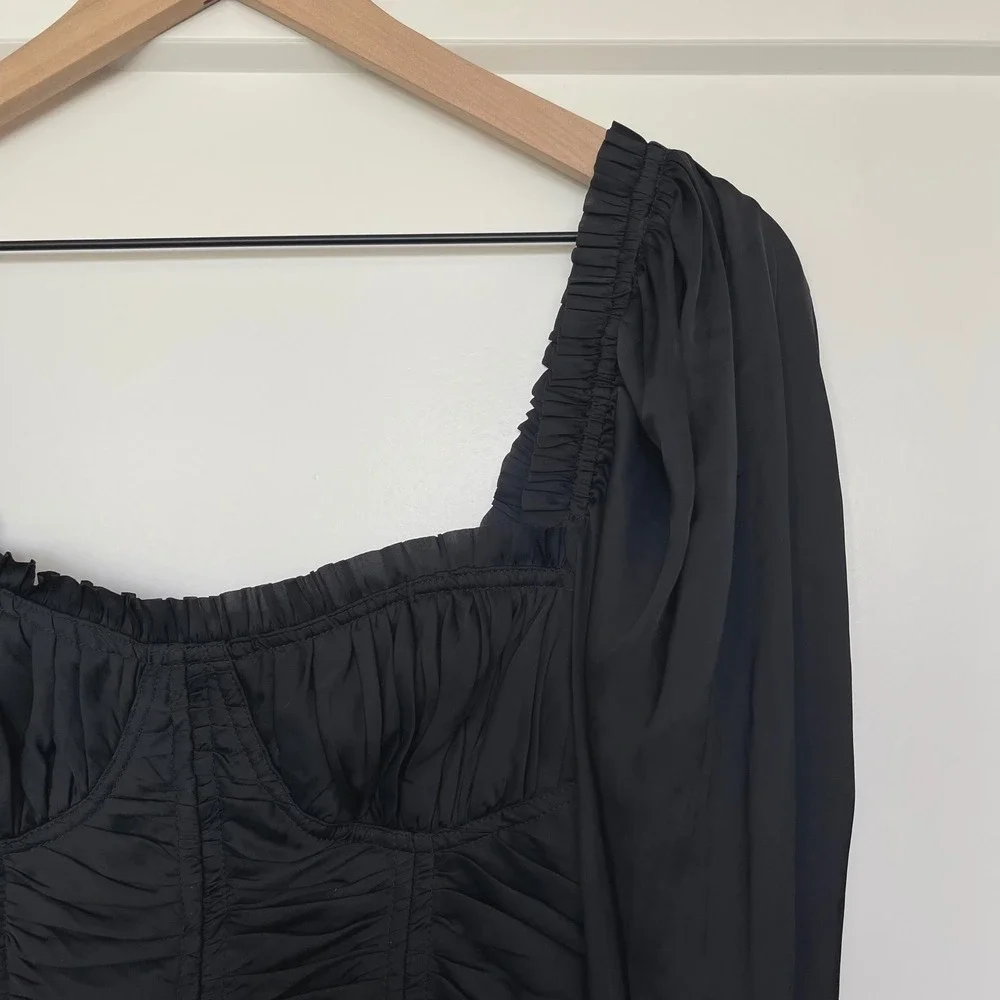 Ulla Johnson Mia Blouse Sz 0 Black Plisse Satin Bustier Puff Sleeve Pleated Sexy